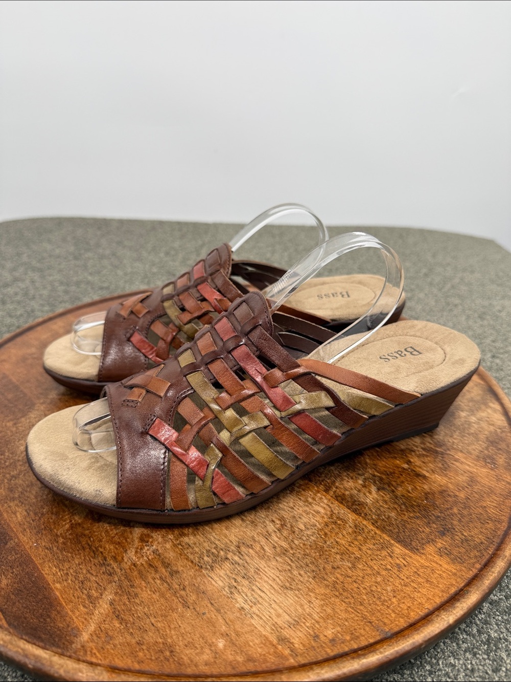 Bass Sandals Wm 10 M Lyric Woven Leather Slide Wedge Heel Brown Multi
